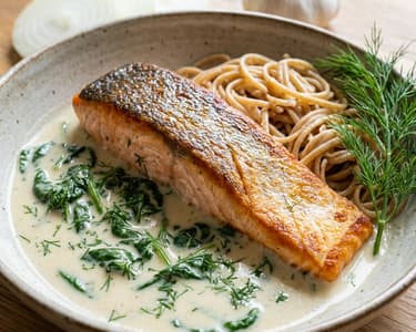 Lachs in Kokosmilchsauce mit Spinat und Dill