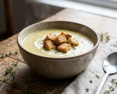 Cremige Lauchsuppe mit Vollkorn-Croutons