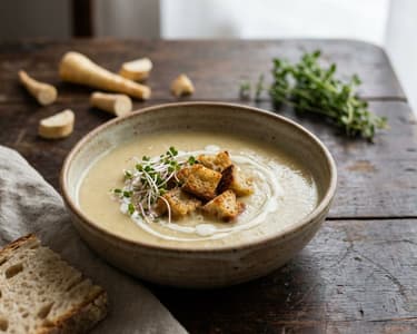 Samtige Pastinakencremesuppe mit Sauerteig-Croutons