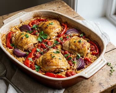 Hähnchen-Pfanne mit Orzo und Gemüse