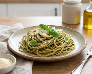 Vollkornspaghetti mit Pesto aus geröstetem Knoblauch