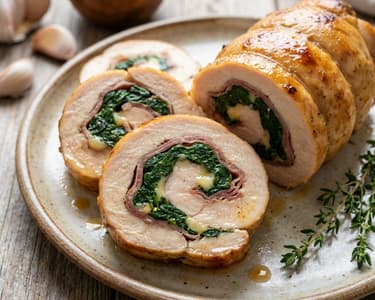 Festliche Hähnchenroulade mit Parmaschinken, Parmesan und Spinat