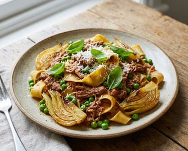 Pappardelle mit Kaninchenragout, Erbsen und Fenchel