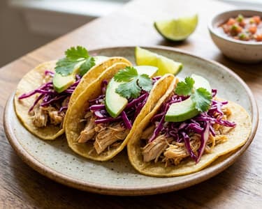 Chicken Tacos with Red Cabbage Slaw and Avocado