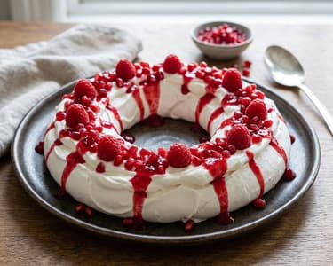 Pavlova Wreath with Pomegranate and Raspberry Sauce