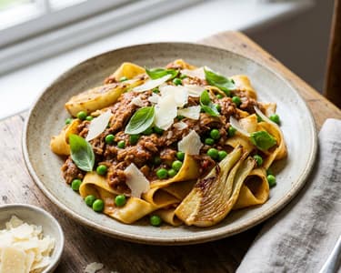 Pappardelle mit Kaninchenragout, Erbsen und Fenchel