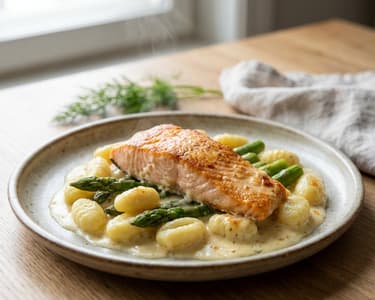 Gebackener Lachs mit Gnocchi und Spargel in Käsesauce