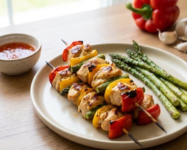 Hähnchenspieße mit Spargel und Paprika