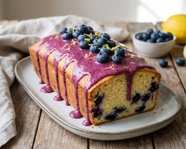 Saftiger Zitronen-Heidelbeer-Kuchen mit Beeren-Glasur