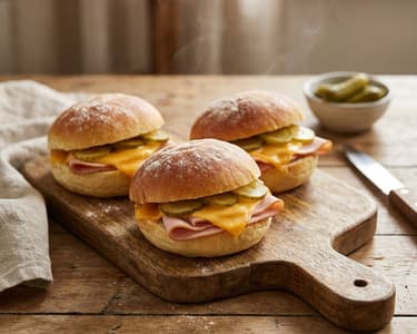 Hausgemachte Butterbrötchen mit Putenschinken, Cheddar und Gurke