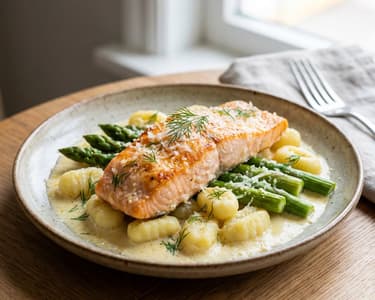 Gebackener Lachs mit Gnocchi, Spargel und Käsesauce