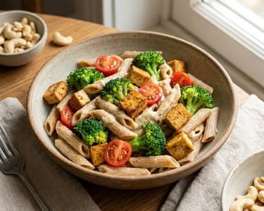 Vollkornpasta mit cremiger Cashewsauce und Brokkoli