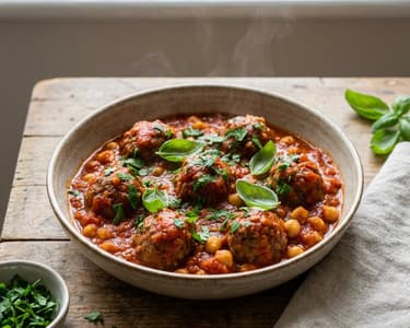 Rinderhackbällchen mit Tomatensauce und Kichererbsen