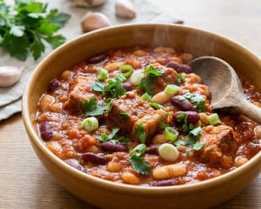 Schweinekeule mit bunten Bohnen in Tomatensauce