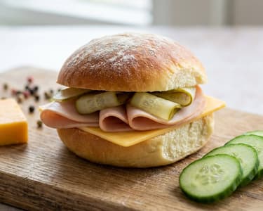 Hausgemachte Butterbrötchen mit Putenschinken, Cheddar und eingelegter Gurke