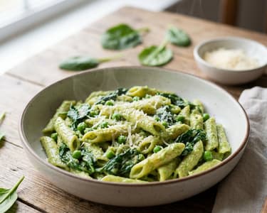 Grüne Avocado-Pasta mit Spinat und Erbsen
