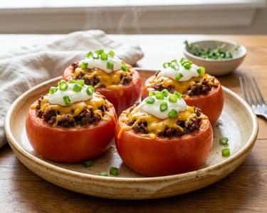 Gefüllte Tomaten mit Rinderhackfleisch und Cheddar