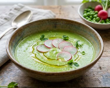 Grüne Erbsencremesuppe mit marinierten Radieschen