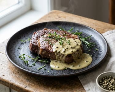 Beef Steak with Green Peppercorn Sauce & Whiskey