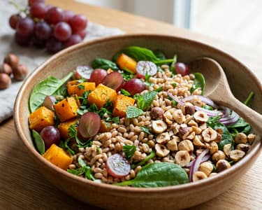 Dinkelsalat mit Kürbis, Weintrauben und Haselnüssen