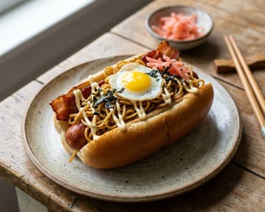 Hot Dog mit asiatischen Nudeln und knusprigem Speck