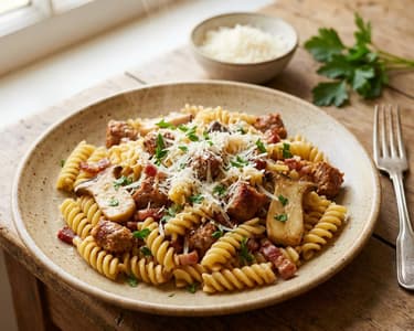 Fusilli mit Salsiccia und Pilzen