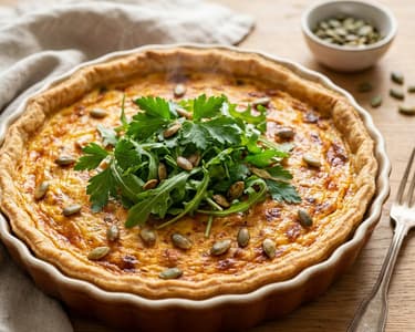 Herzhafte Kürbis-Quiche mit Petersiliensalat und gerösteten Kernen