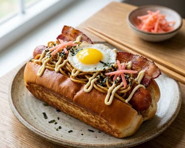 Hot Dog mit asiatischen Nudeln und knusprigem Speck | Schneller Asia-Snack