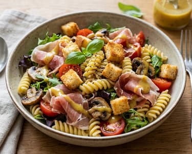 Nudelsalat mit Honig-Senf-Dressing und Prosciutto