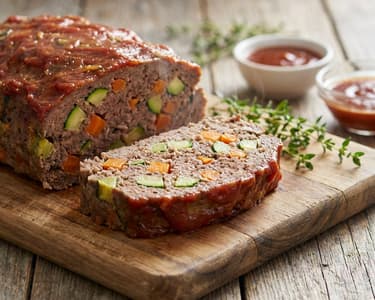 Saftiger Hackbraten mit Zucchini, Reis und Karotten