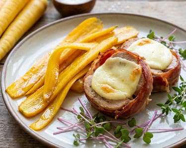 Putenoberkeule mit Prosciutto und karamellisierten gelben Möhren