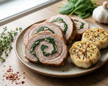 Schweineroulade mit Spinat und geröstetem Knoblauch