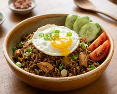 Indonesischer Bratreis Nasi Goreng mit Hähnchen