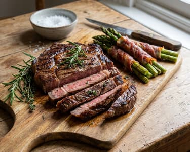 Grilled Ribeye Steak with Baby Asparagus Wrapped in Ham