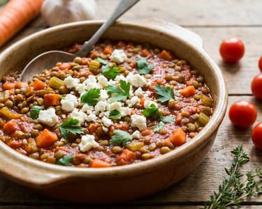 Überbackene Linsen mit Röstgemüse und Feta
