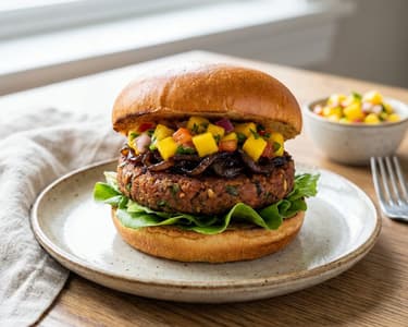 Vegan Burger with Mango Salsa and Caramelized Onions