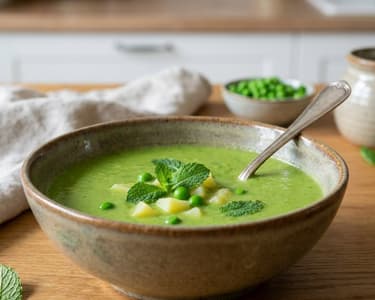 Erbsensuppe mit Minze und Kartoffeln