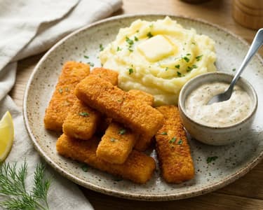 Hausgemachte Fischstäbchen mit Kartoffelpüree