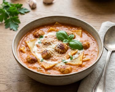 Lasagne-Suppe mit Rindfleischbällchen | Herzhaft & Cremig