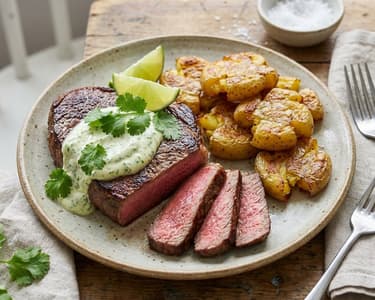 Eye Round Steak with Smashed Potatoes and Coriander Mayonnaise