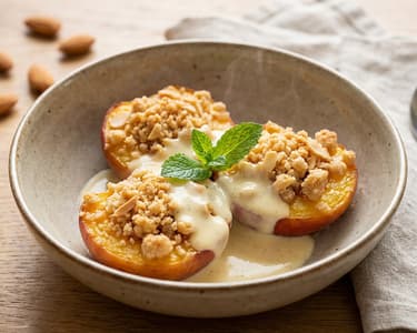 Pfirsiche mit Mandelstreuseln und Vanillesauce