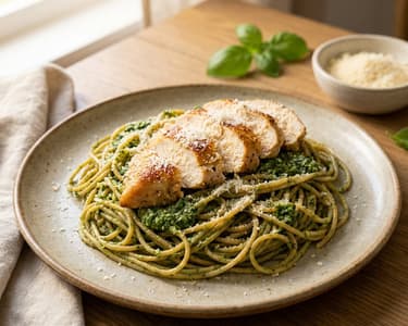 Spaghetti with Spinach Pesto and Chicken Breast