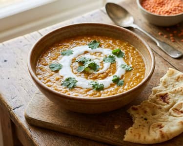 Cremiges Rotes Linsen-Dhal mit Naan-Brot