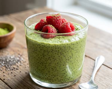 Matcha Chia Pudding with Fresh Raspberries
