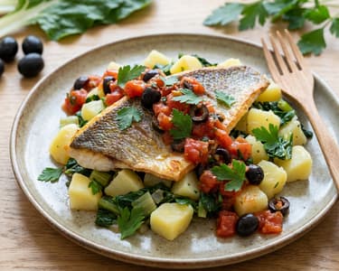 Wolfsbarschfilets mit Tomaten-Oliven-Salsa und Mangoldkartoffeln