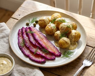 Gravad Lax mit Roter Bete und Senf-Kartoffeln