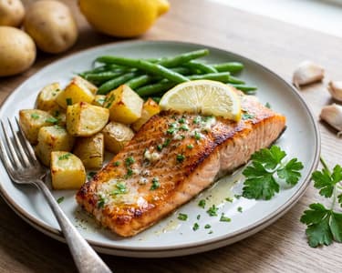 Lachs mit Knoblauchbutter, Kartoffeln und grünen Bohnen