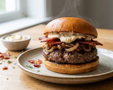 Gegrillter Hamburger mit karamellisierten Zwiebeln und geräucherter Mayonnaise