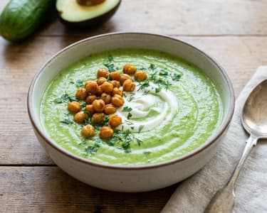 Kalte Gurken-Avocado-Suppe mit gerösteten Kichererbsen