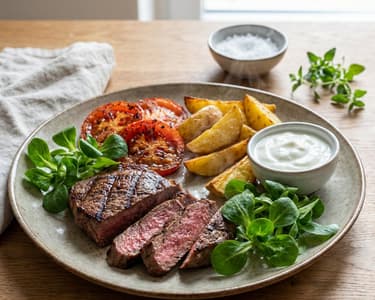 Gegrilltes Rumpsteak mit Kartoffeln und Joghurt-Dip